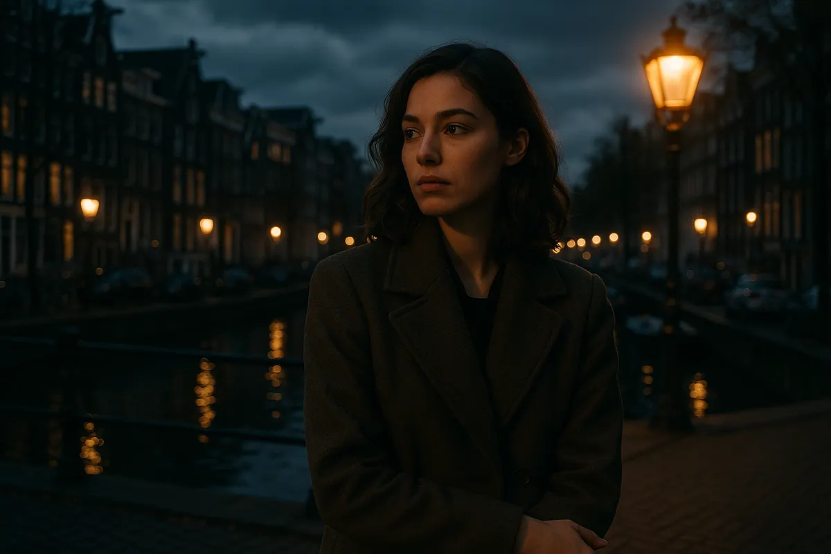 Woman on an Amsterdam canal street at dusk