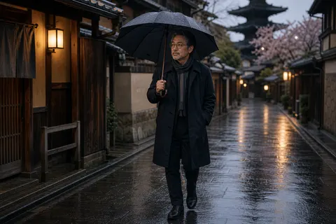 Older man with umbrella in Kyoto rain