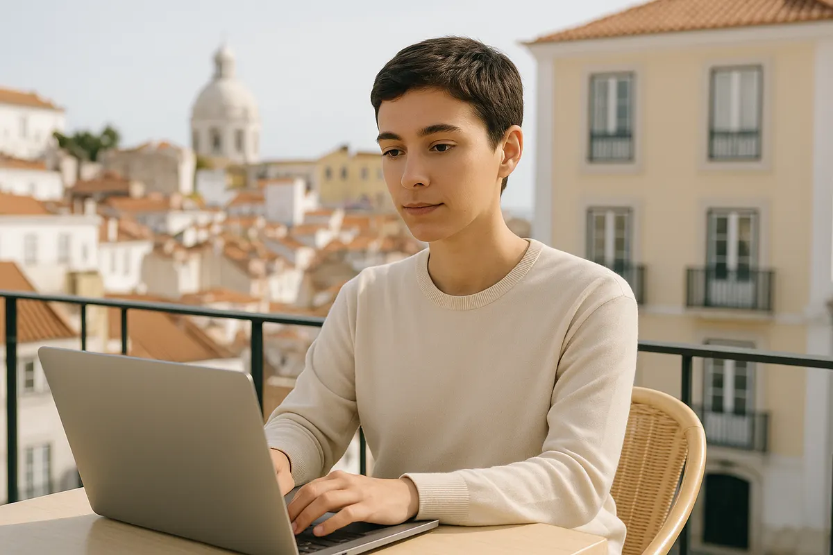 Remote worker at a Lisbon cafe table