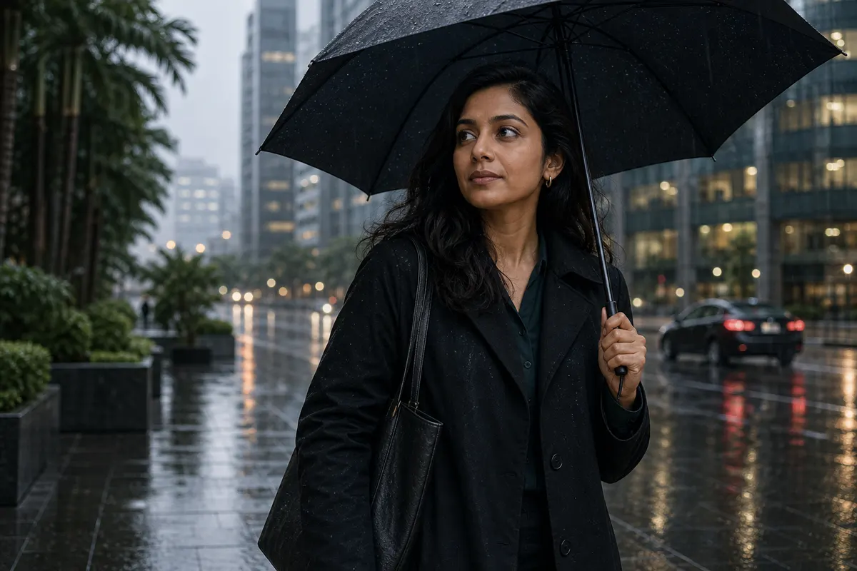Woman outside an office in Mumbai rain