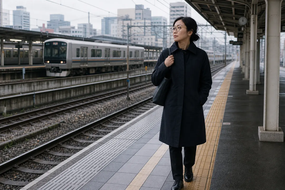Woman with coat on an Osaka train platform