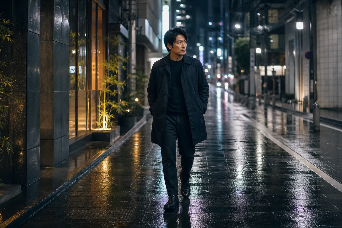 Man walking in rain on a Tokyo side street